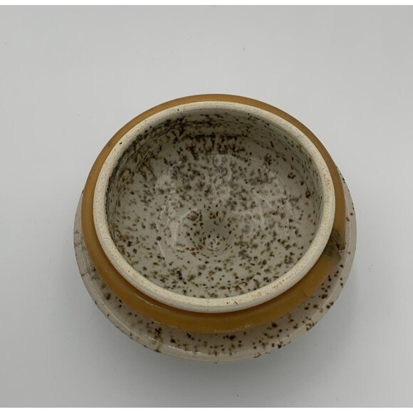 Vintage Art Pottery Sugar Jar with Lid white and blue strapes with brown dots - Picture 8 of 10